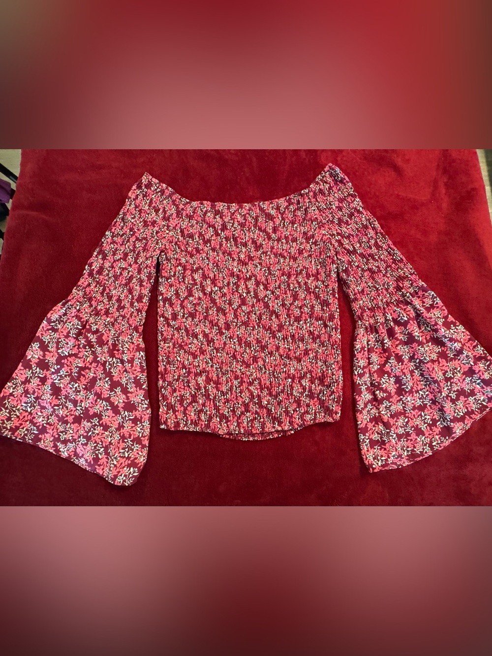 Express Smocked Off-Shoulder Floral Top in Burgundy and Pink